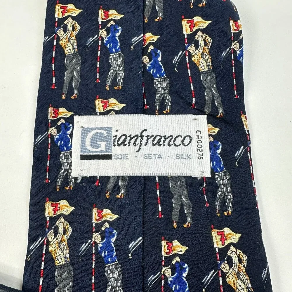 Gianfranco Mens 100%  Silk Tie Golf Print 58 x 3.75 Dark Navy Italy Sports